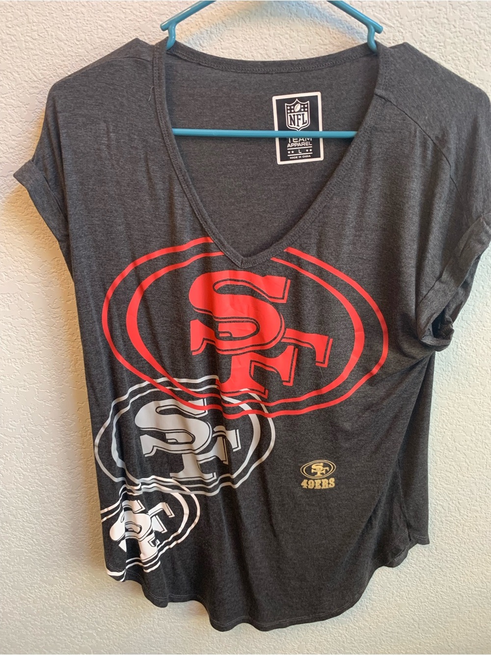 NFL Women's Dark Gray San Francisco 49ers V-Neck Tee with Red and White Logos